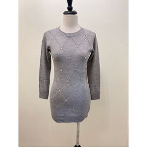 DKNY Women's Diamond Lattice Faux Pearl Knit Tunic Sweater Dress Gray Medium